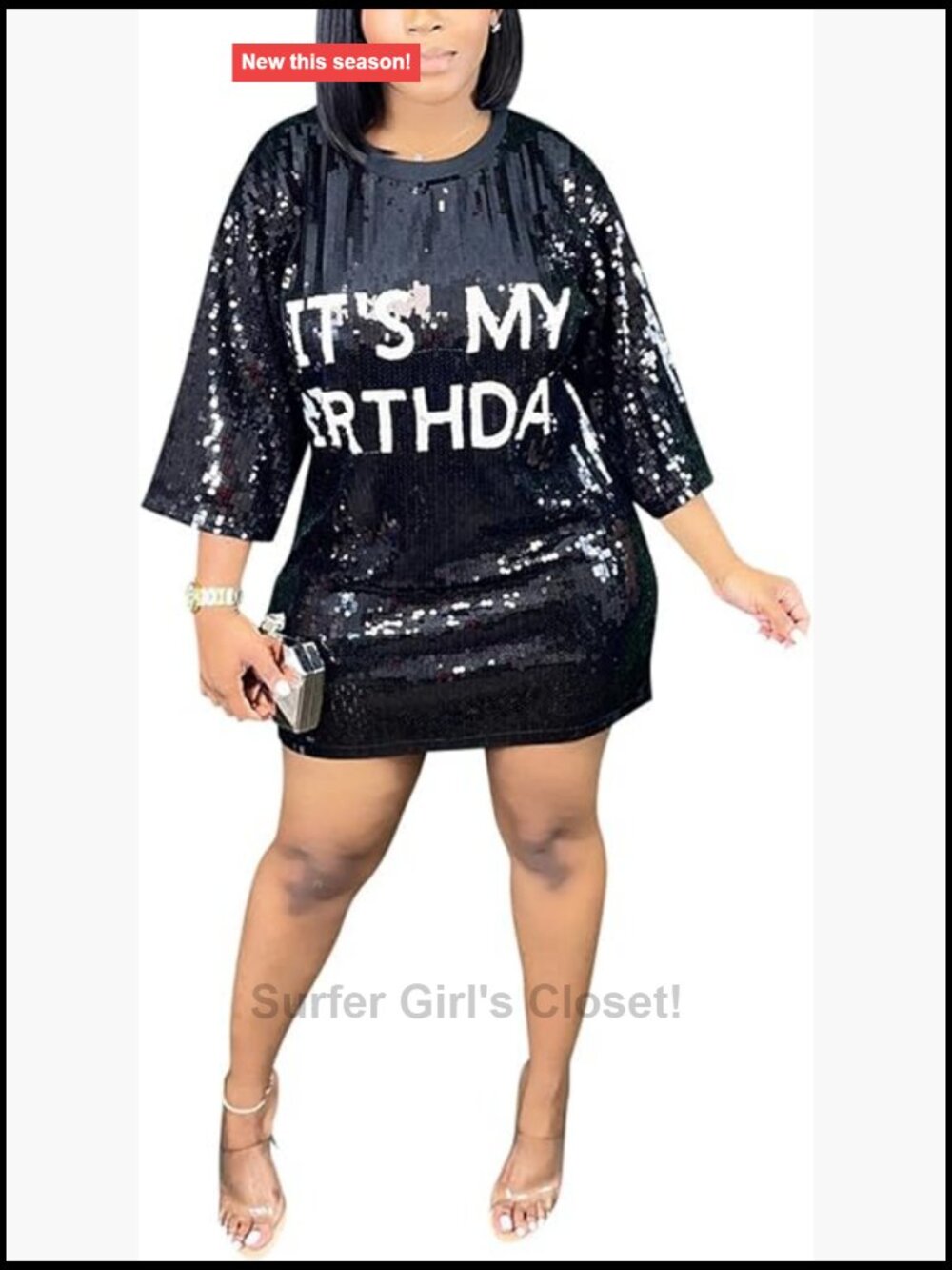 Women Sparkly Sequin Letter Print Mini Dress Party Clubwear 3/4 Sleeve